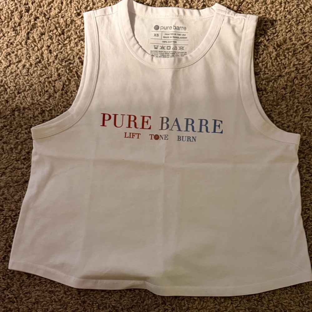 Pure Barre White Sleeveless Top with Red and Blue Logo